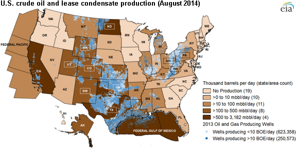 map of U.S. crude oil and lease condensate production, as explained in the article text