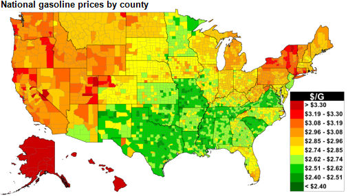 map of U.S. retail gasoline prices, as explained in the article text