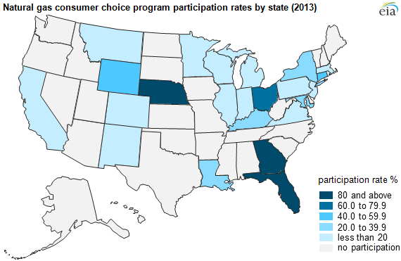 map of natural gas consumer choice program participation rates by state, as explained in the article text