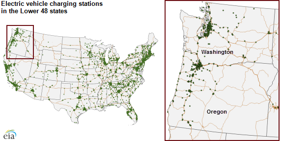 map of electric vehicle charging stations in the lower 48, as explained in the article text