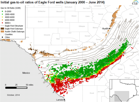 map of initial gas-to-oil ratios of Eagle Ford wells, as described in the article text