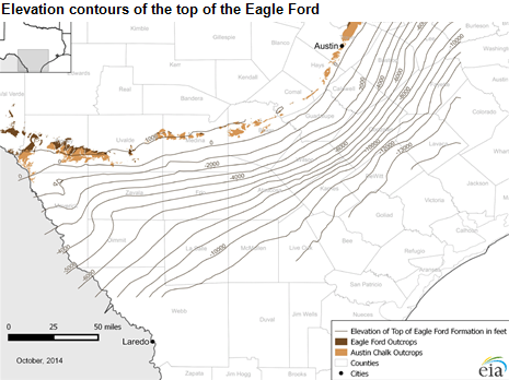 map of elevation contours of the top of the Eagle Ford formation, as described in the article text