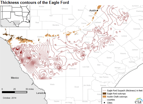 map of thickness contours of the Eagle Ford formation, as described in the article text