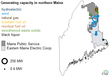 map of generating capacity in northern Maine, as explained in the article text