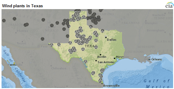 map of wind plants in Texas, as explained in the article text
