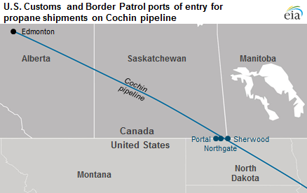 map of U.S. customs and border patrol port of entry for propane shipments on Cochin pipeline, as explained in the article text