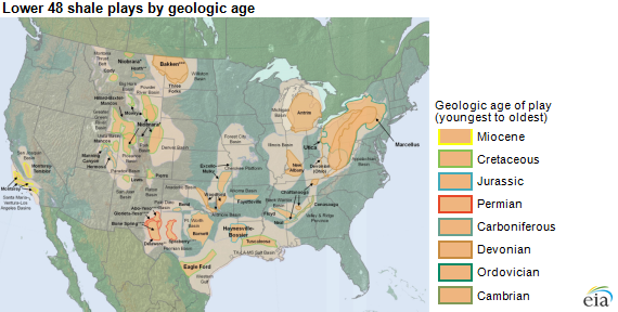 map of lower 48 states shale plays by geologic age, as explained in the article text
