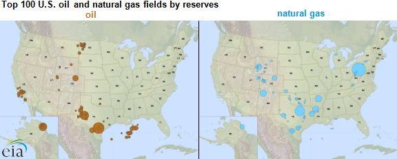 maps of top 100 U.S. oil and natural gas fields by reserves, as explained in the article text