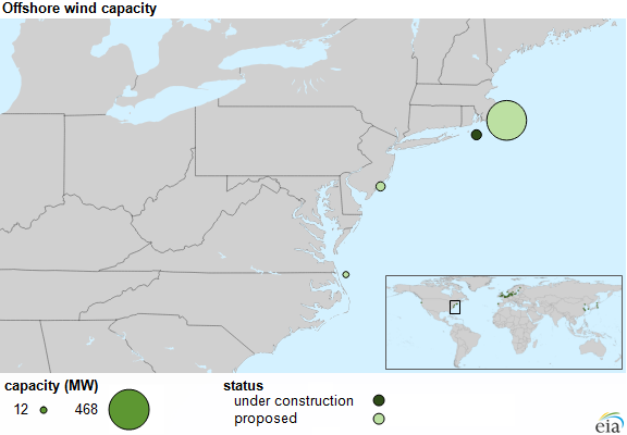 map of U.S. east coast offshore wind capacity, as described in the article text