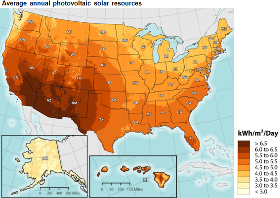 map of average annual photovoltaic solar resources, as explained in the article text