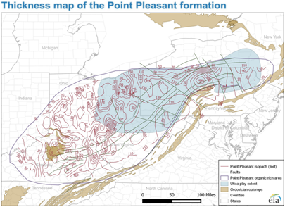 map of thickness of the Point Pleasant formation, as described in the article text