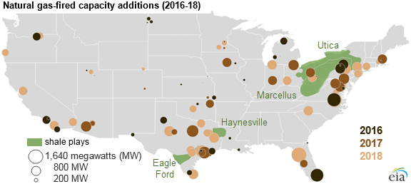 map of natural gas-fired capcity additions, as explained in the article text