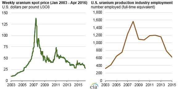 graph of weekly uranium spot price and U.S. uranium production industry employment, as explained in the article text
