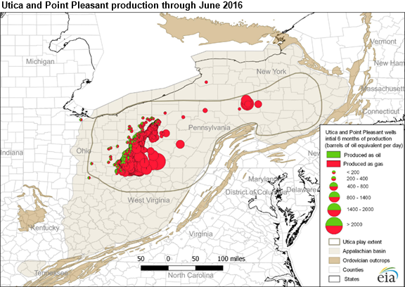 map of Utica and Point Pleasant Oil and Gas Production through June 2016, as described in the article text
