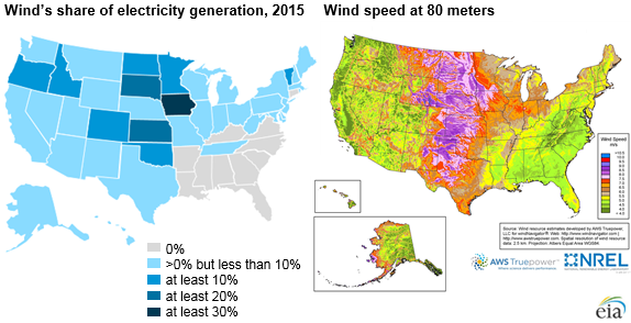 map of wind share of electricity generation and wind resources, as explained in the article text