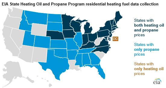 map of EIA state heating oil and propane program residential heating fuel data collection, as explained in the article text