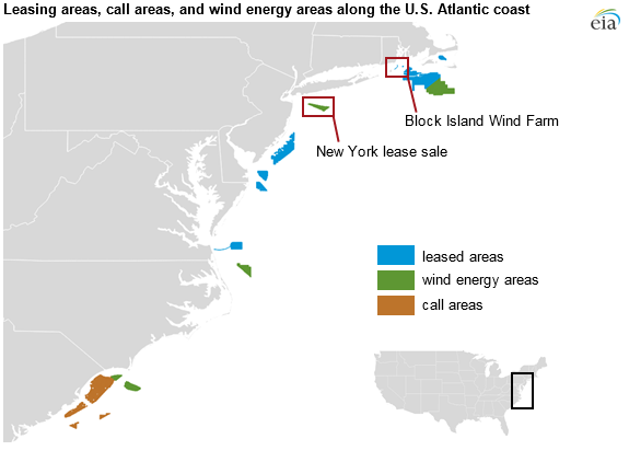 map of leasing areas, call areas, and wind energy areas along the U.S. Eastern coast, as explained in the article text