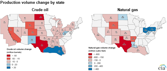 maps of crude oil and natural gas production volume changes by state, as explained in the article text