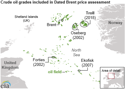 map of crude oil grades included in Dated Brent price assessment, as explained in the article text