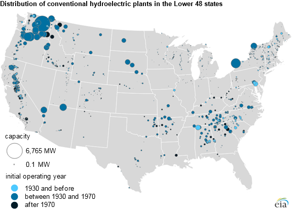 map of distribution of conventional hydroelectric plants in the lower 48 states, as described in the article text
