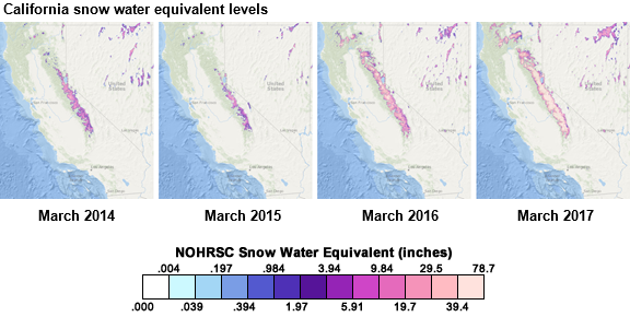 map of California snow water equivalent, as explained in the article text