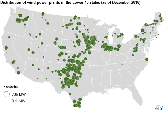 map of Distribution of wind power plants, as described in the article text