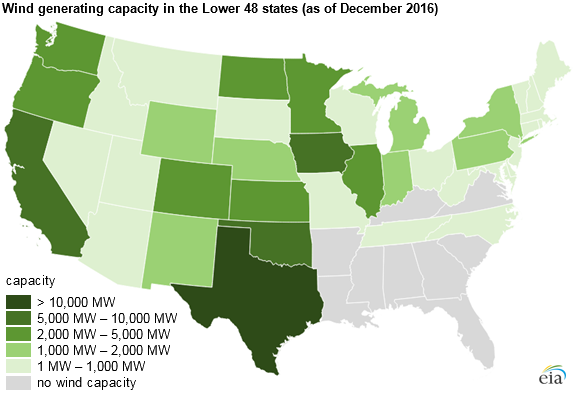 map of Wind generating capacity , as described in the article text