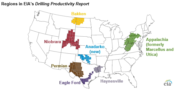 map of regions in EIA's Drilling Productivity Report, as explained in the article text