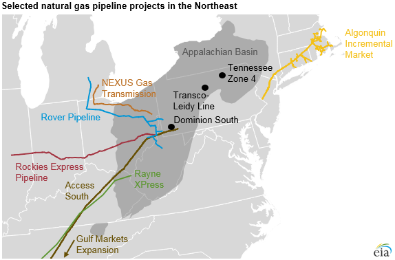 map of selected natural gas pipeline projects in the Northeast, as explained in the article text