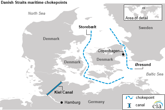 map of Danish straits - maritime chokepoints, as explained in the article text