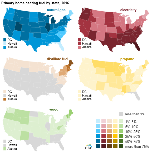 map of primary home heating fuel by state, as explained in the article text