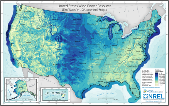 Map of average annual wind speed at 100 meters, as described in the article text