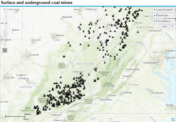 Graph of surface and underground coal mines, as described in the article text