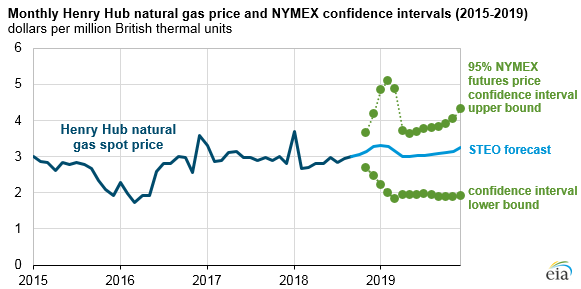 monthly Henry Hub natural gas price and NYMEX confidence intervals