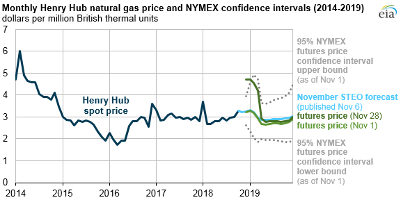 Henry Hub natural gas price and NYMEX confidence intervals
