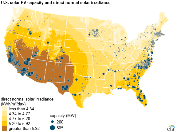 U.S. solar PV capacity and direct normal solar irradiance