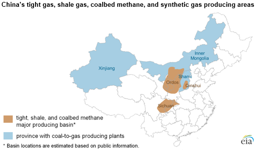 China's tight gas, shale gas, coalbed methane, and synthetic gas producing areas