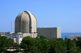A photo of nuclear power plant with a reactor containment dome.