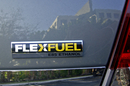 A photograph of a typical E85 badge or plaque on a car used to identify flexible-fuel vehicles in the United States