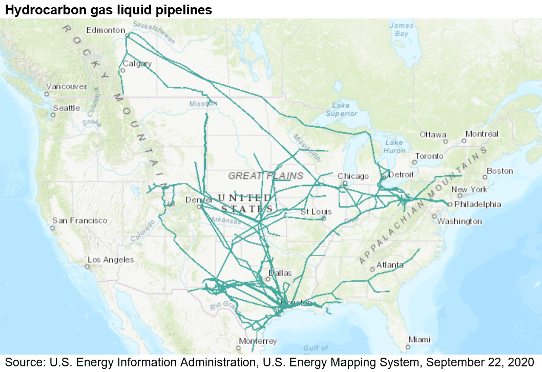 A map showing U.S. hydrocarbon gas liquids pipelines in the United States, Canada, and northern Mexico as of April 2018