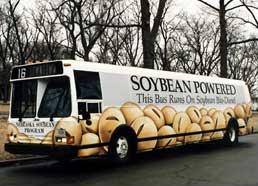 A photograph of a bus powered by soybean oil biodiesel