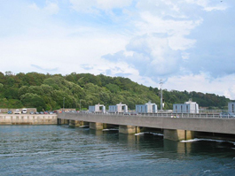 Dam of the tidal power plant on the estuary of the Rance River, Bretagne, France