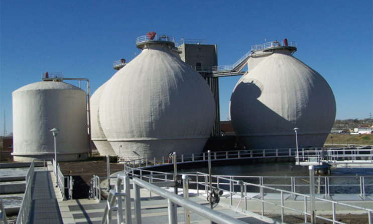 A photograph of anaerobic digesters at the Lincoln, Nebraska wastewater-treatment facility.