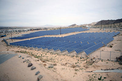 An array of solar panels supplies energy for necessities at Marine Corps Air Ground Combat Center in Twentynine Palms, Calif.