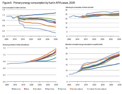 Figure 6. Primary energy consumption by fuel in APA cases, 2035