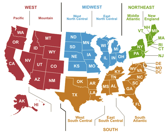 U.S. census regions and divisions Map