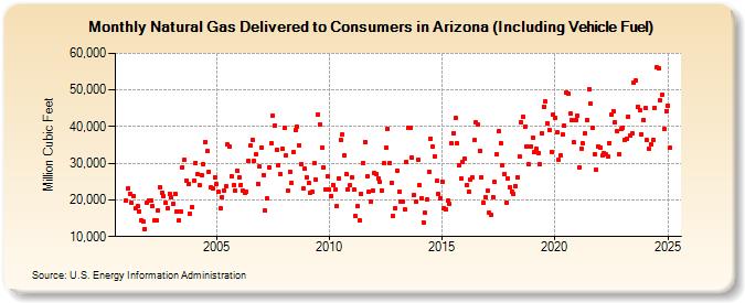 Natural Gas Delivered to Consumers in Arizona (Including Vehicle Fuel)  (Million Cubic Feet)