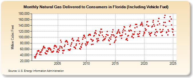 Natural Gas Delivered to Consumers in Florida (Including Vehicle Fuel)  (Million Cubic Feet)