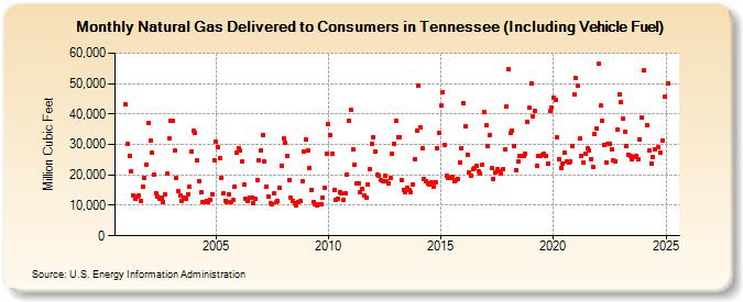 Natural Gas Delivered to Consumers in Tennessee (Including Vehicle Fuel)  (Million Cubic Feet)