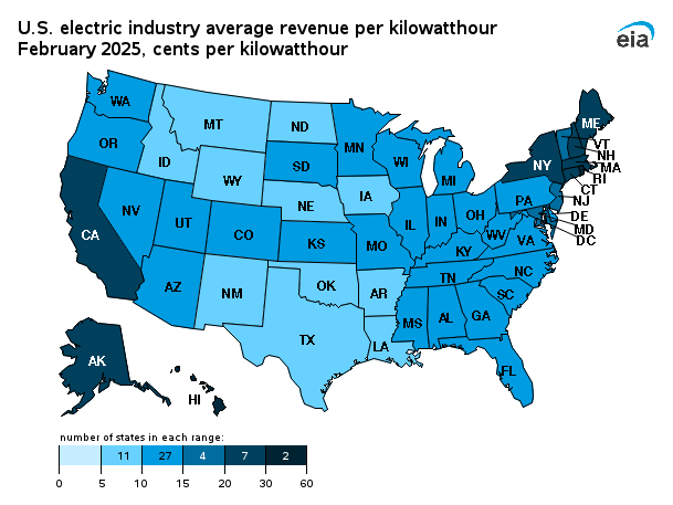 map showing U.S. electric industry average revenue per kilowatthour by state